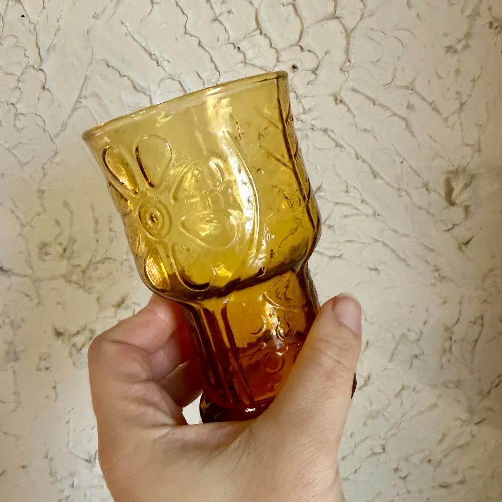 Vintage Amber Glass Goblets Set of 6 Floral Pressed Glass Mid Century A - Picture 6 of 10
